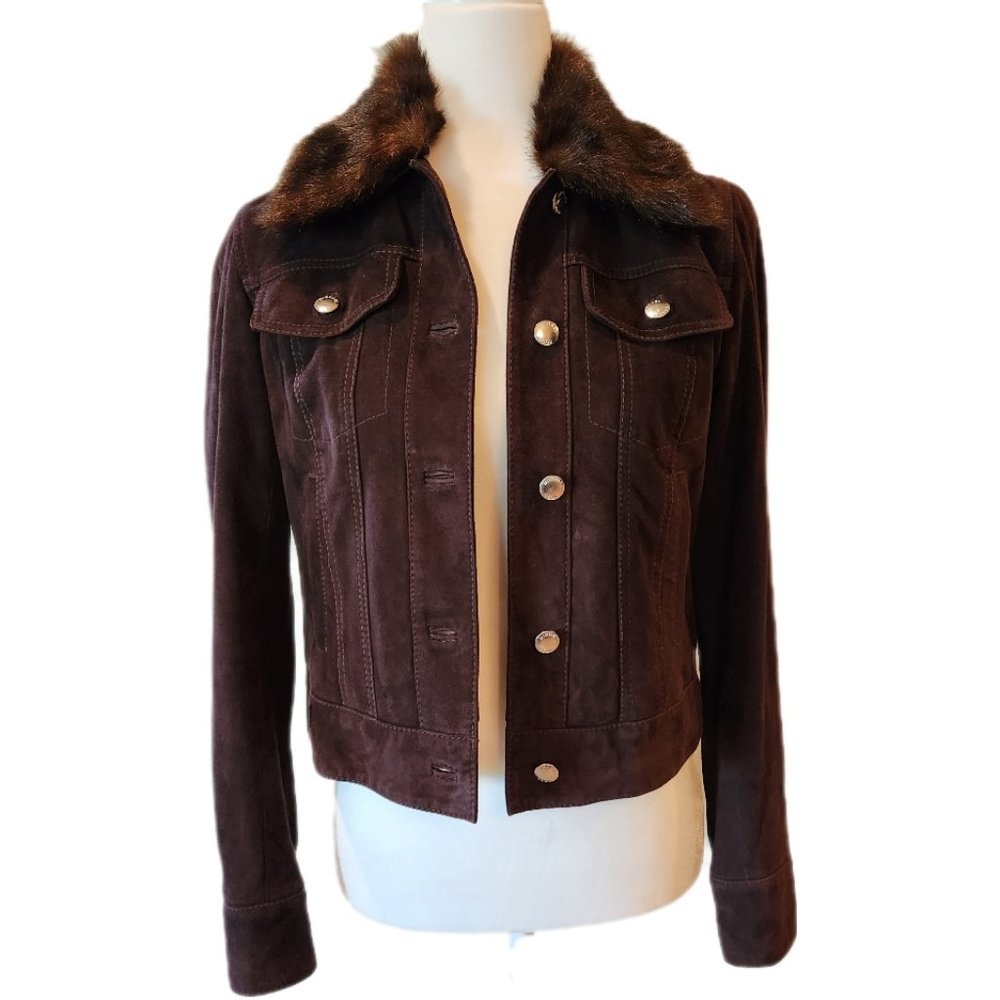 MICHAEL KORS Suede Leather Jacket Faux Fur Removable Collar Small